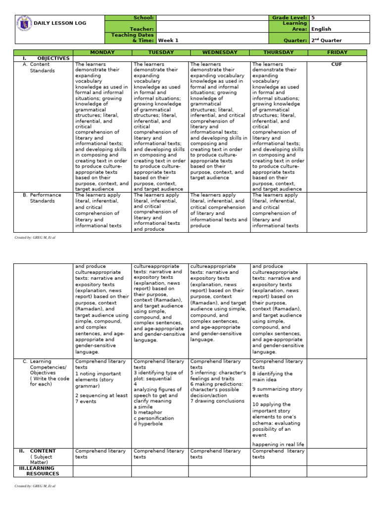 English Lesson Plan for Grade 5 | PDF | Reading Comprehension | Narrative