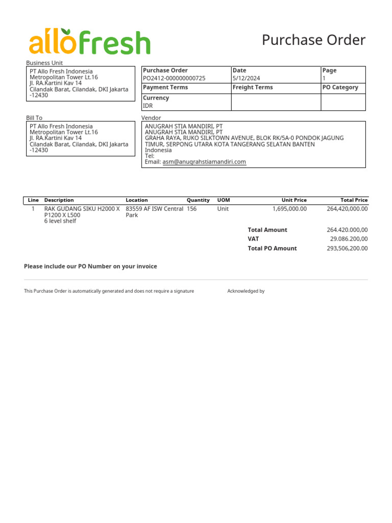 Purchase Order PT Allo Fresh Indonesia | PDF