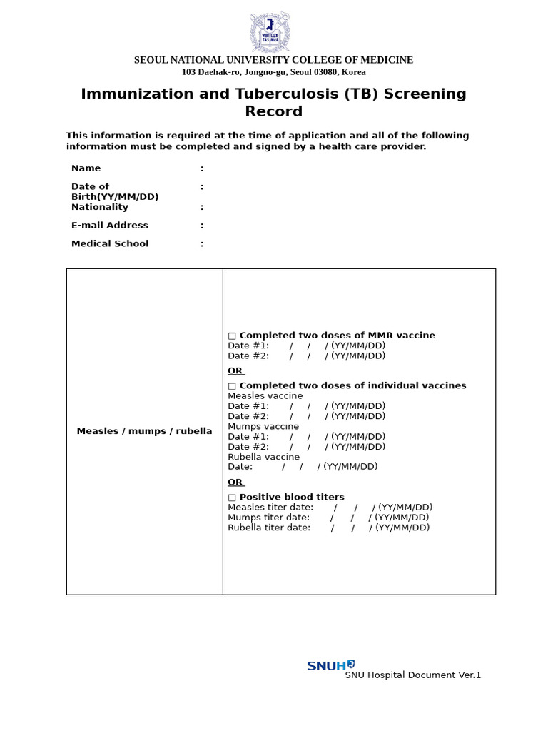 Immunization & TB Screening Form SNU | PDF | Tuberculosis | Immunology