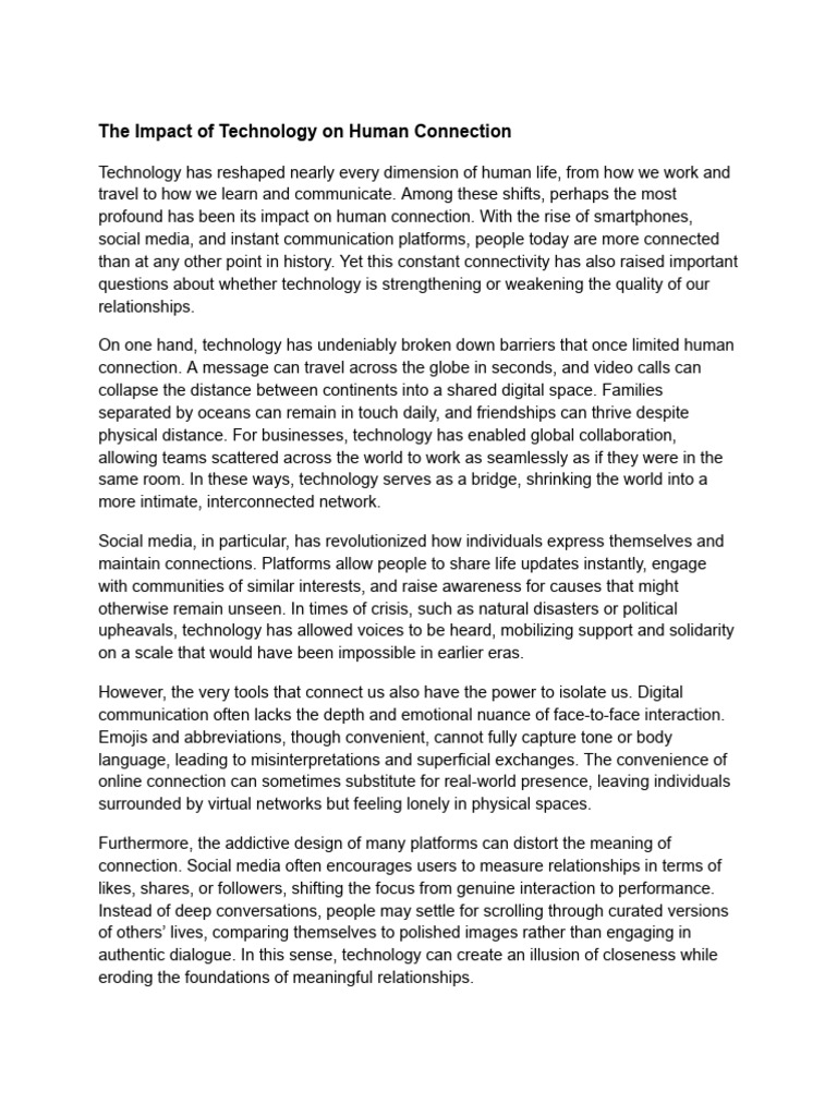 Technology's Dual Role in Connection | PDF | Psychology | Human ...