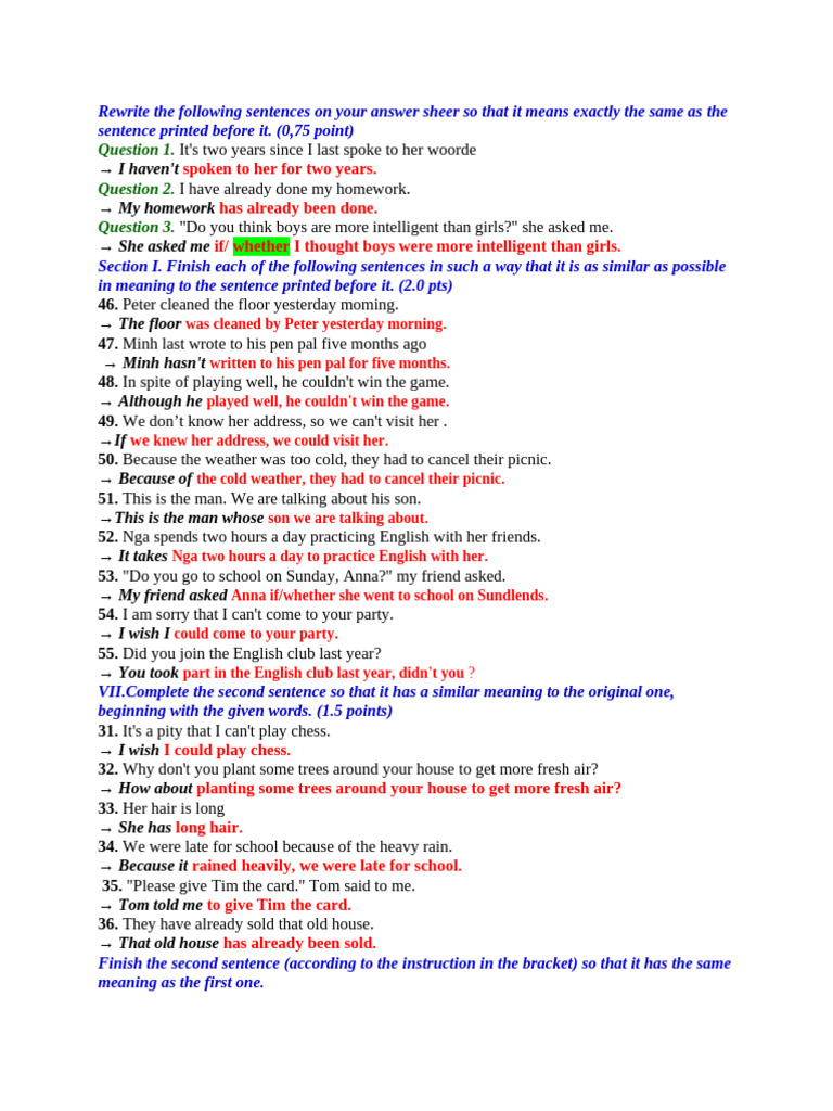 Sentence Rewriting Exercises for English | PDF
