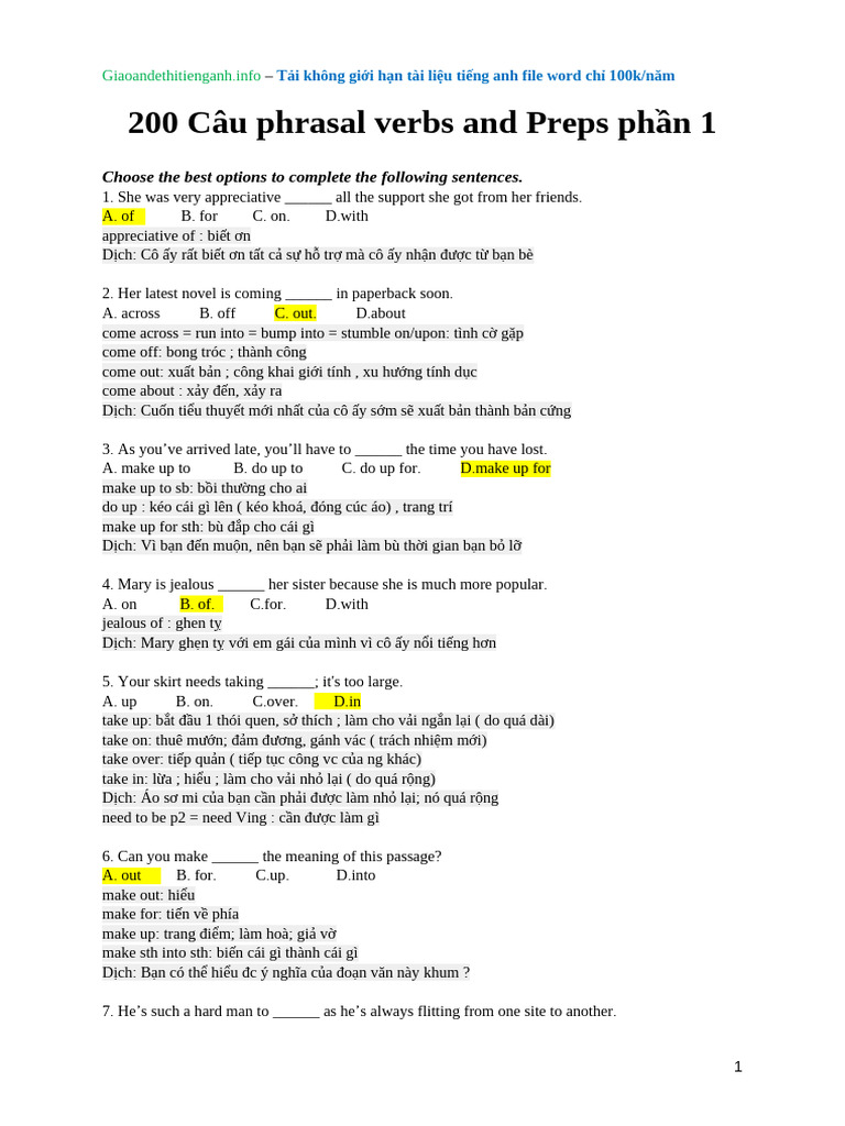 200 Câu Phrasal Verbs Và Preps Phần 1 - Bình Boong | PDF