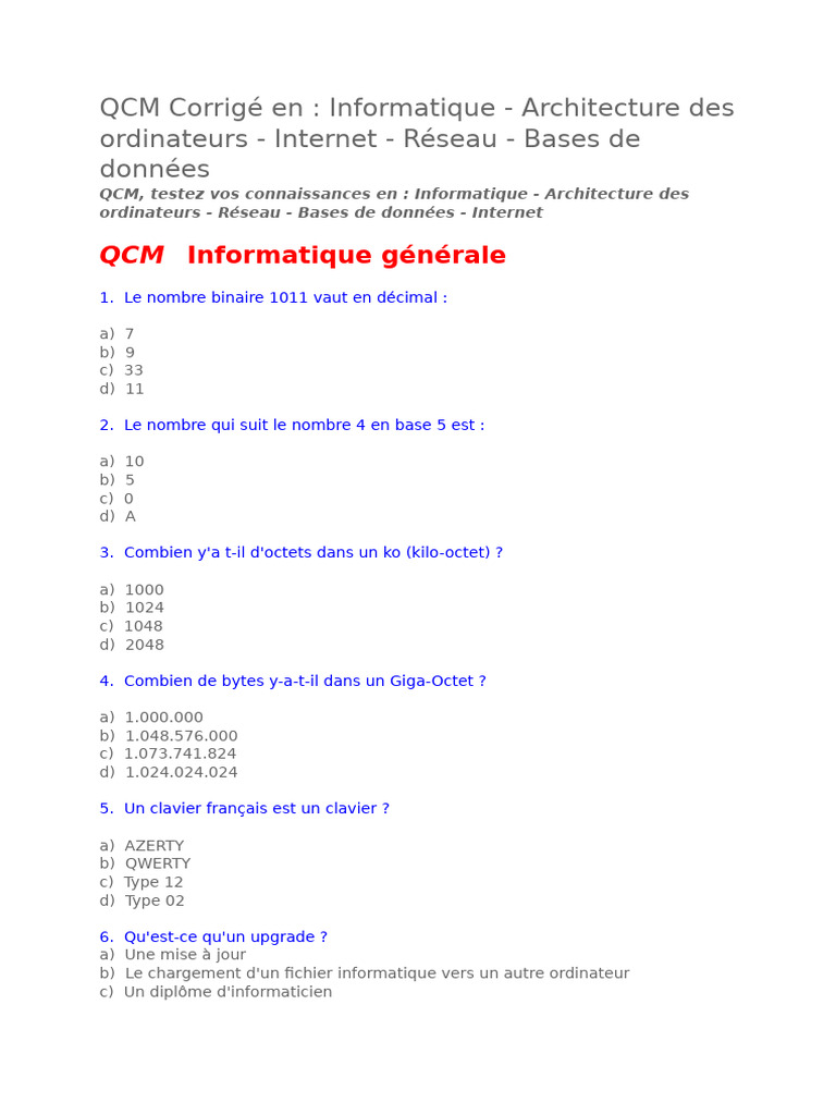QCM Informatique et Réseaux Corrigé | PDF | Langage de programmation ...