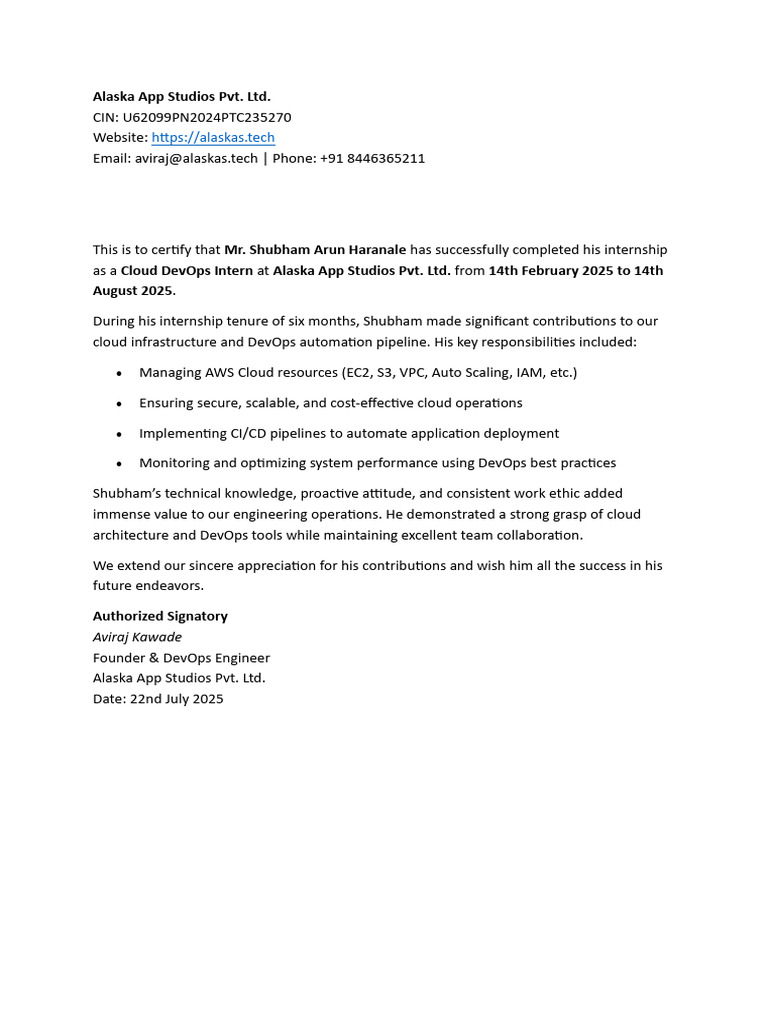 Cloud DevOps Internship Certificate | PDF