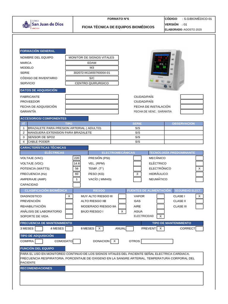 Ficha Técnica de Equipos Biomédicos | PDF
