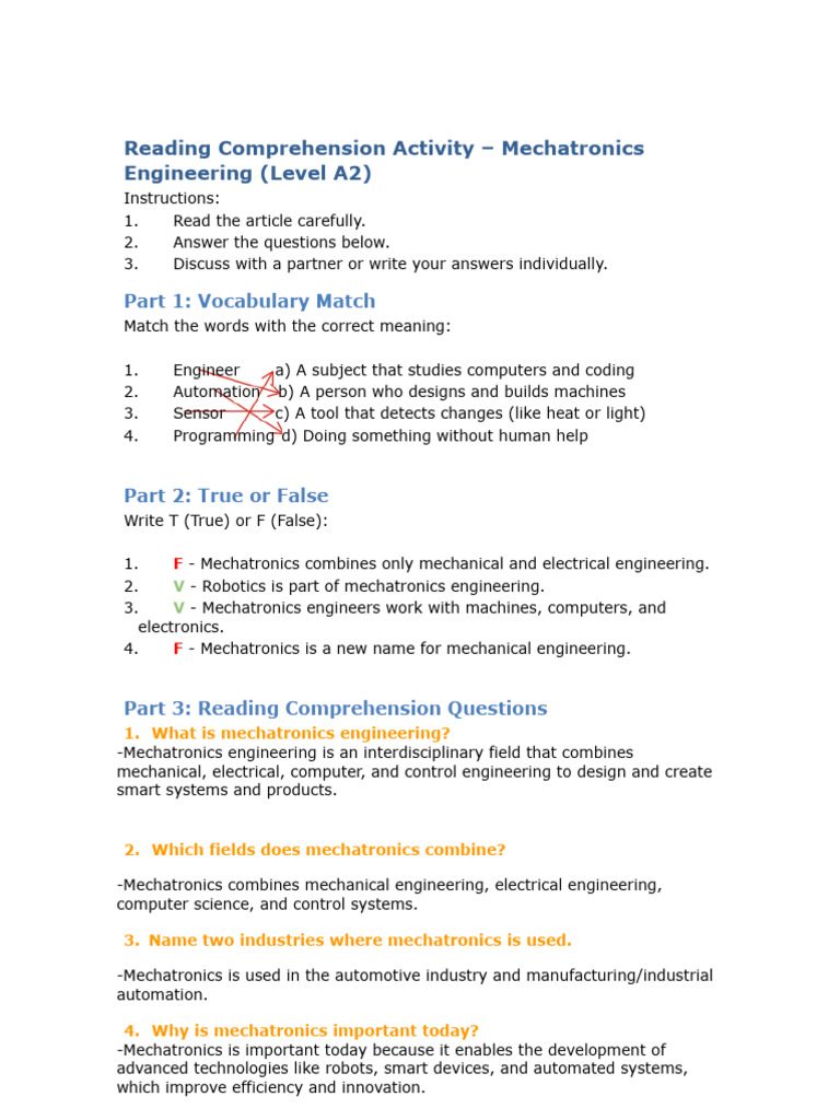 Mechatronics Engineering Reading Activity | PDF