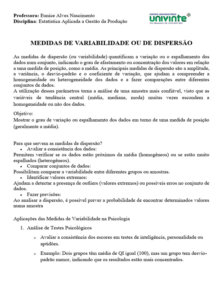 Medidas de Variabilidade em Estatística | PDF | Coeficiente de variação ...