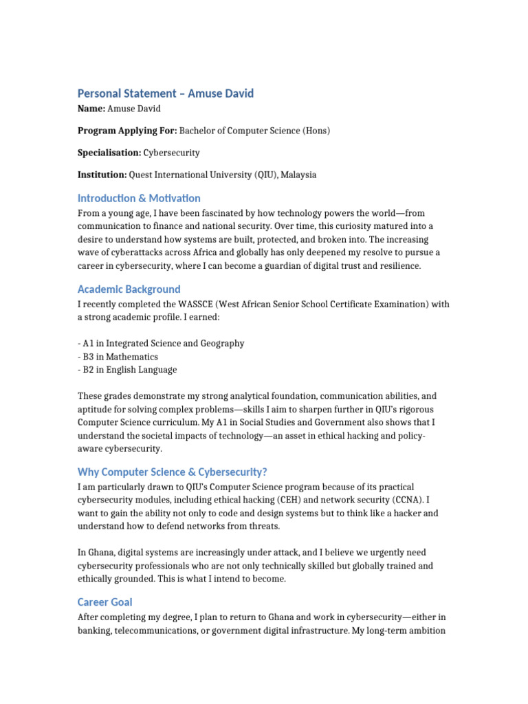Cybersecurity Personal Statement for QIU | PDF | Computer Security ...