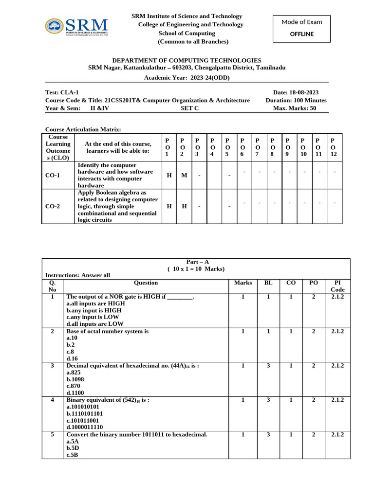 Computer Organization Exam - SRM 2023-24 | PDF | Binary Coded Decimal ...