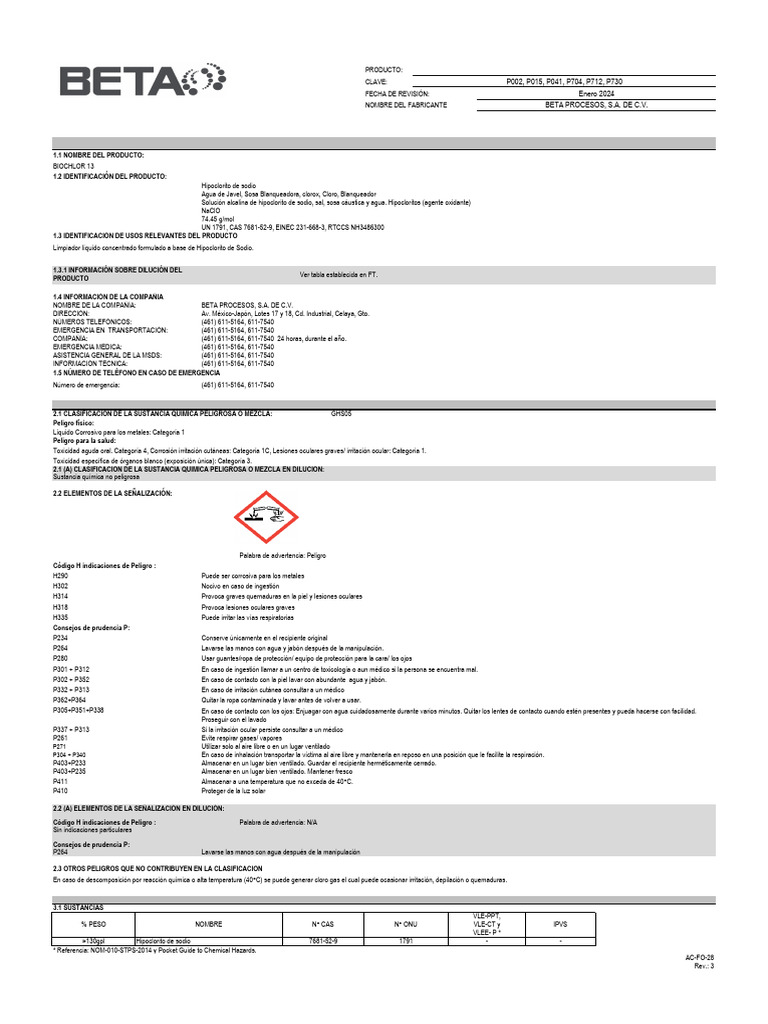 HDS Biochlor 13 P002-P015-P041-P704-P712-P730 | PDF | Agua | Cloro