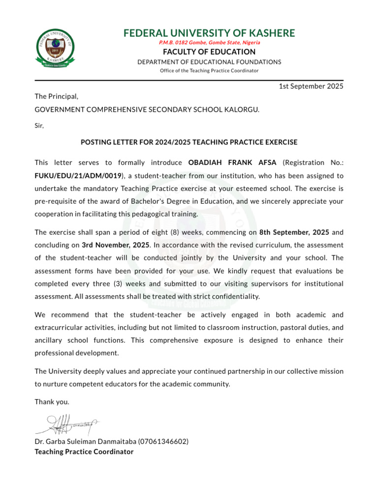 Teaching Practice Posting Letter 2024/2025 | PDF