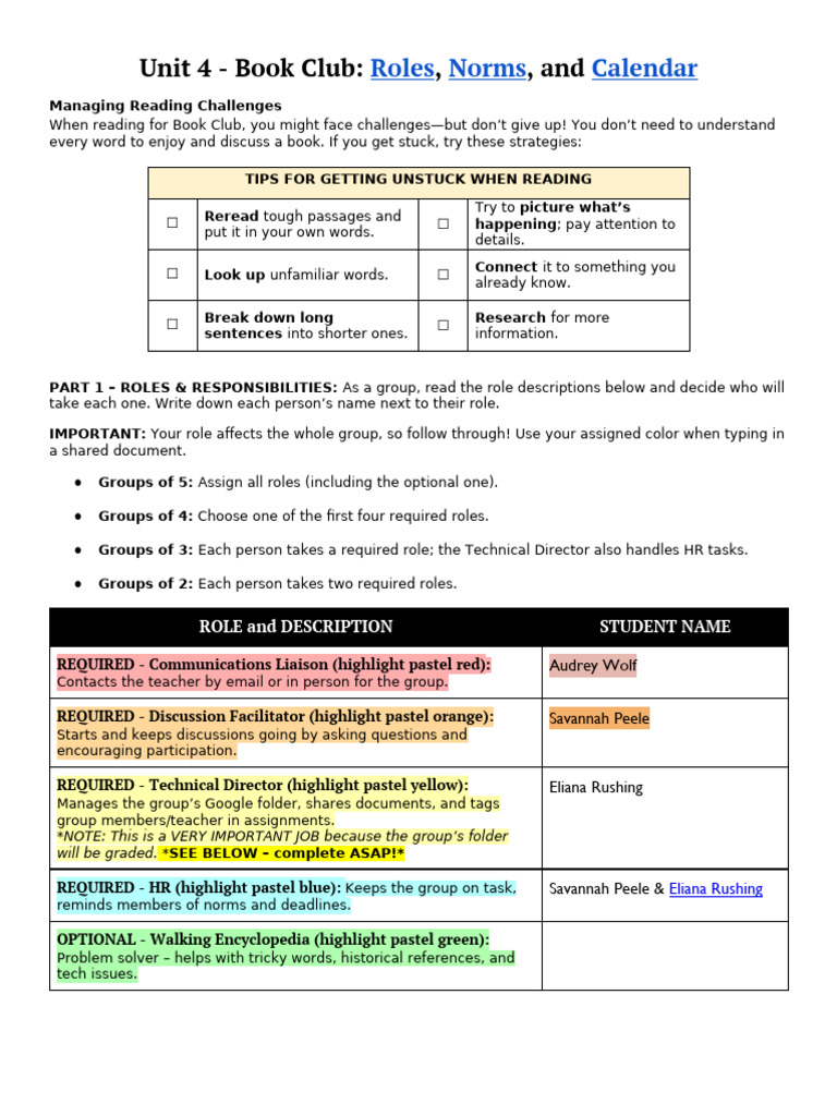 Book Club Roles, Norms, and Calendar Guide | PDF