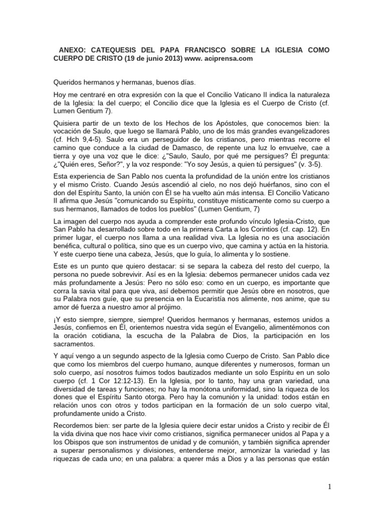 Iglesia como Cuerpo de Cristo: Catequesis | PDF | Cristo (título ...