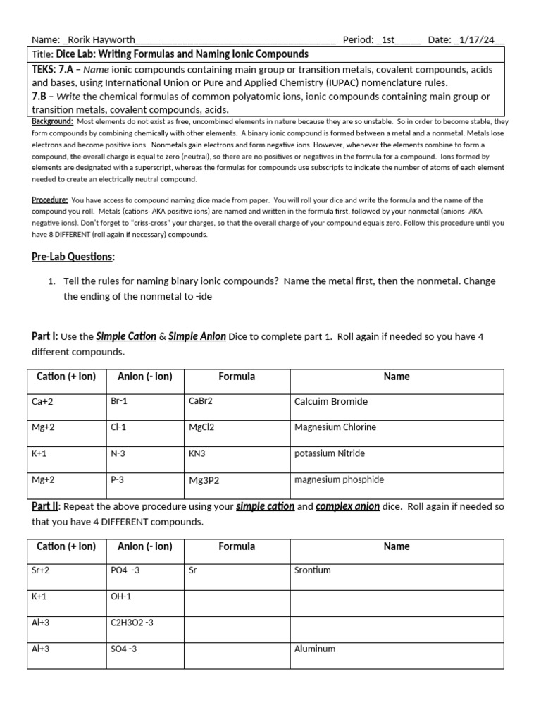 Ionic Compounds: Naming & Formulas Lab | PDF | Chemical Compounds | Ion