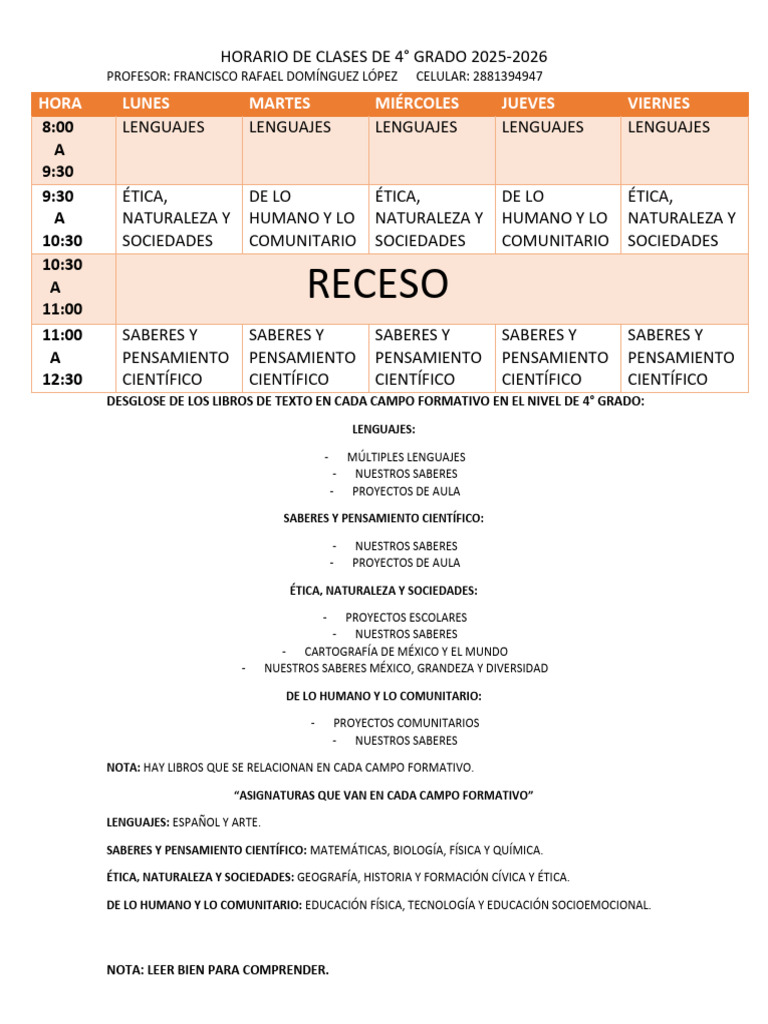 Horario de Clases de Cuarto Grado-Profesor Francisco | PDF | Científico ...