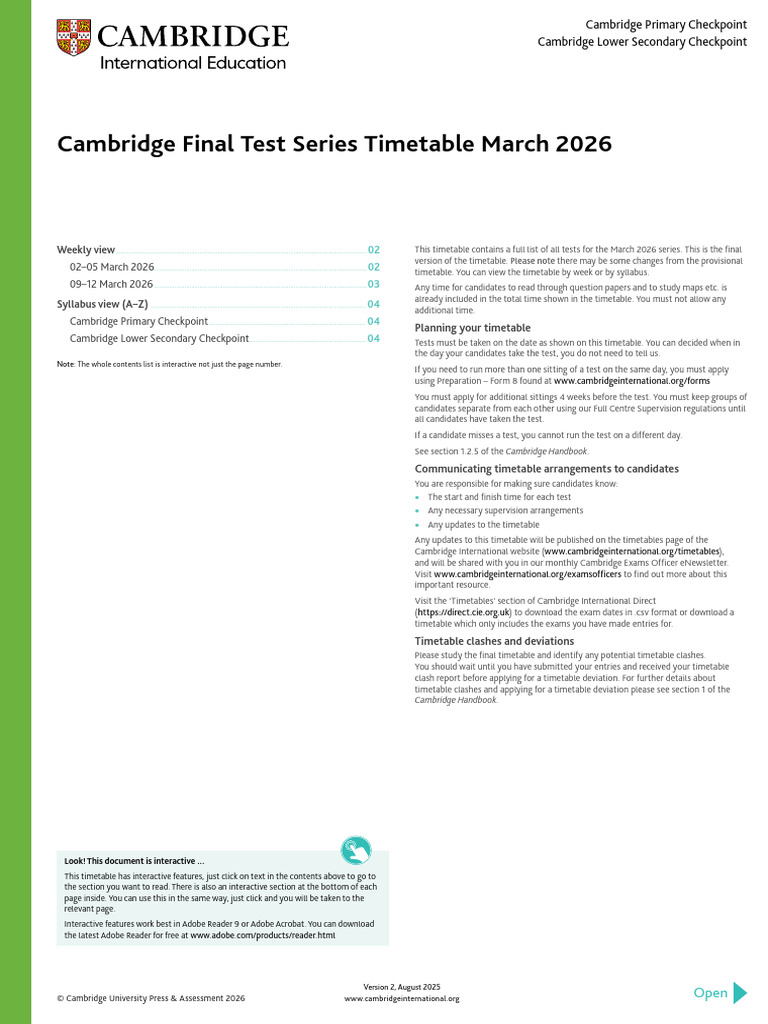 Cambridge Checkpoint Exam Timetable 2026 | PDF