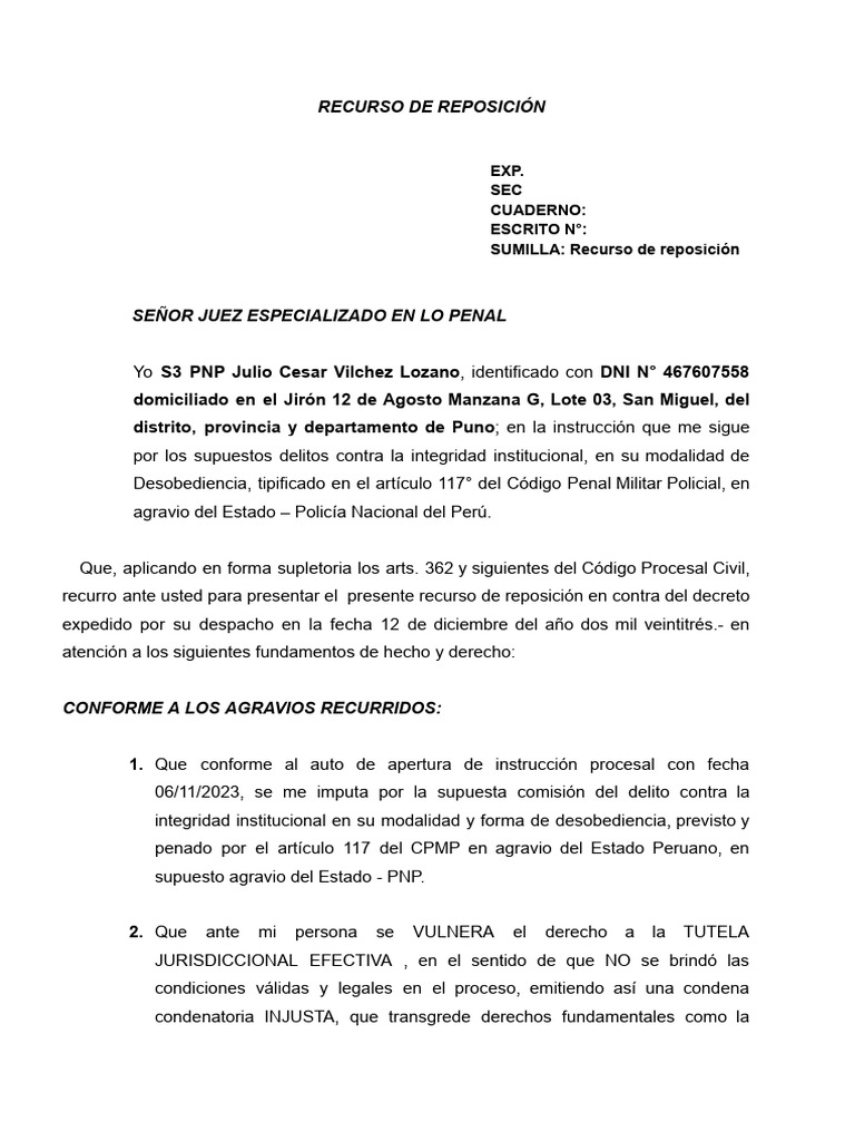 Recurso de reposición en caso penal | PDF | Justicia | Crimen y violencia