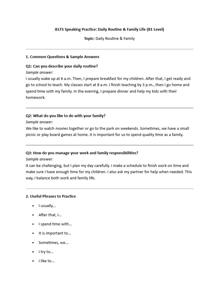 IELTS Speaking: Daily Routine & Family Tips | PDF