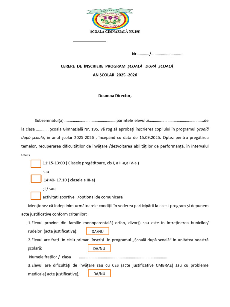 Cerere de Înscriere Program Școală După Școală 25-26 | PDF