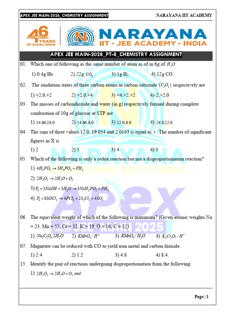 Apex Jeemain 2026 Chemistry Pt-8 Assignment F | PDF | Gases | Mole (Unit)