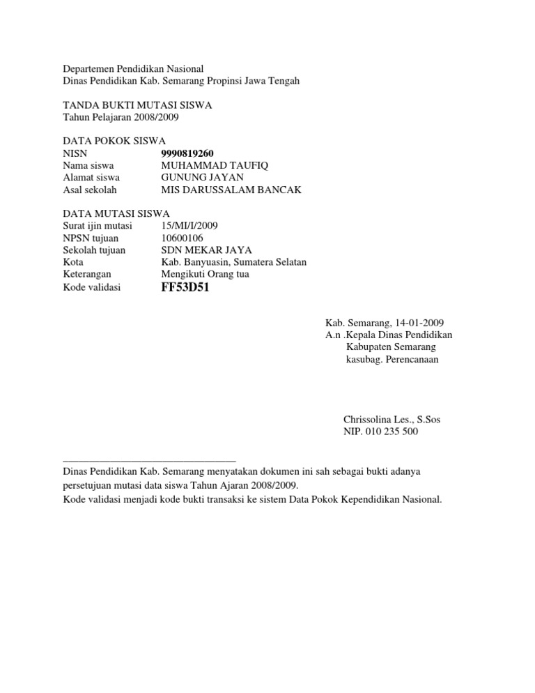 06 Contoh Surat Mutasi Nisn Dinas