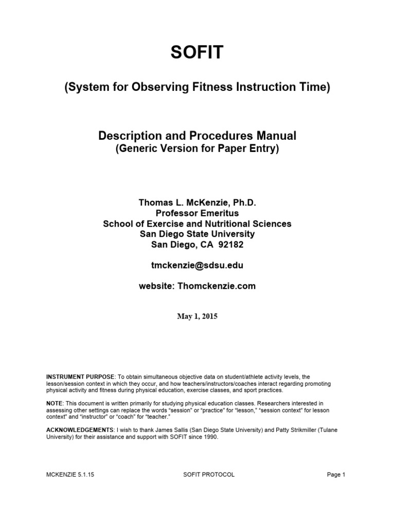 SOFIT Protocol for PE Activity Assessment | PDF | Teachers | Physical ...