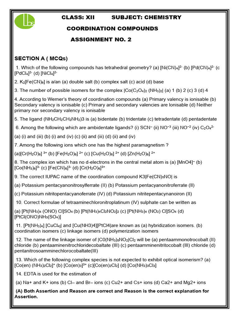 Coordination Compounds Assignment XII | PDF | Coordination Complex | Ligand