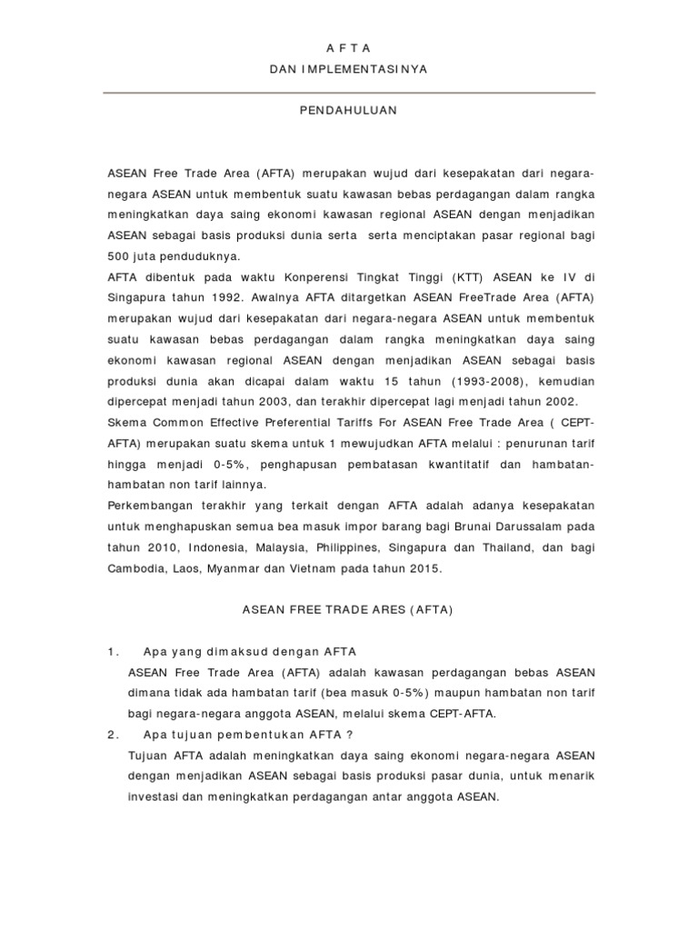 Implementasi AFTA dalam Perdagangan ASEAN | PDF
