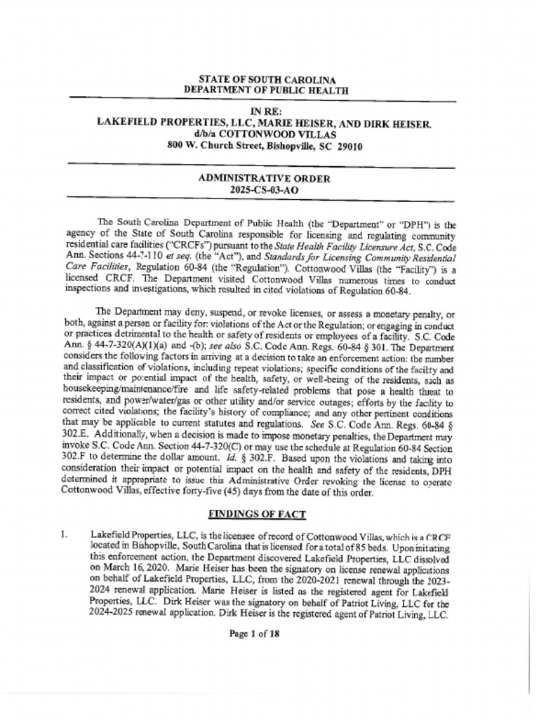 SCDPH Administrative Order For Cottonwood Villas Closure | PDF