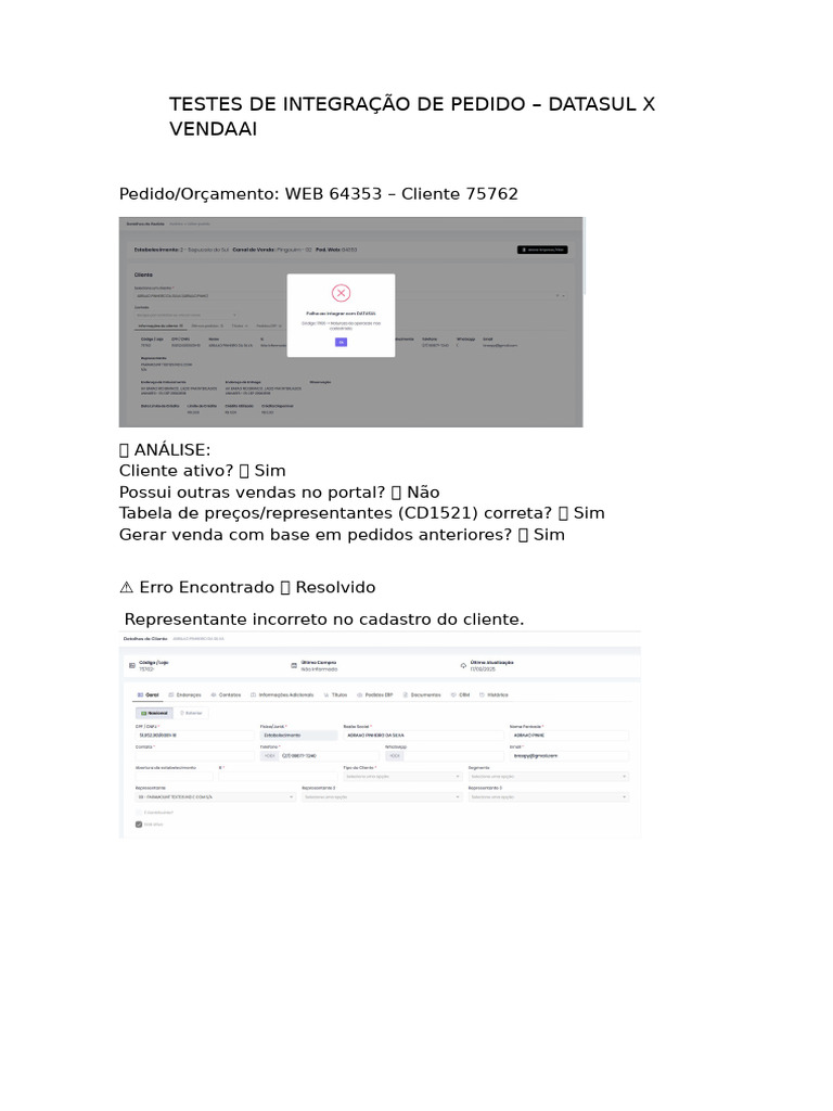 Testes de Integração de Pedidos Datasul | PDF