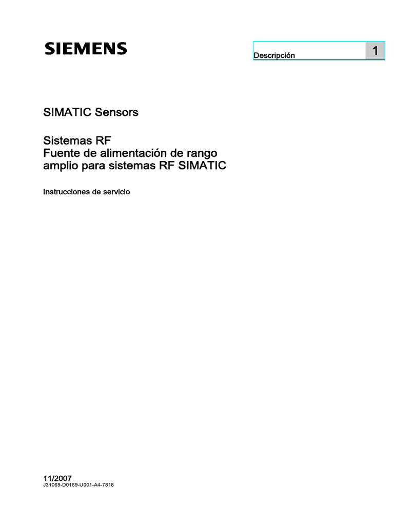 SIMATIC Sensors Sistemas RF Fuente de Alimentación de Rango ...