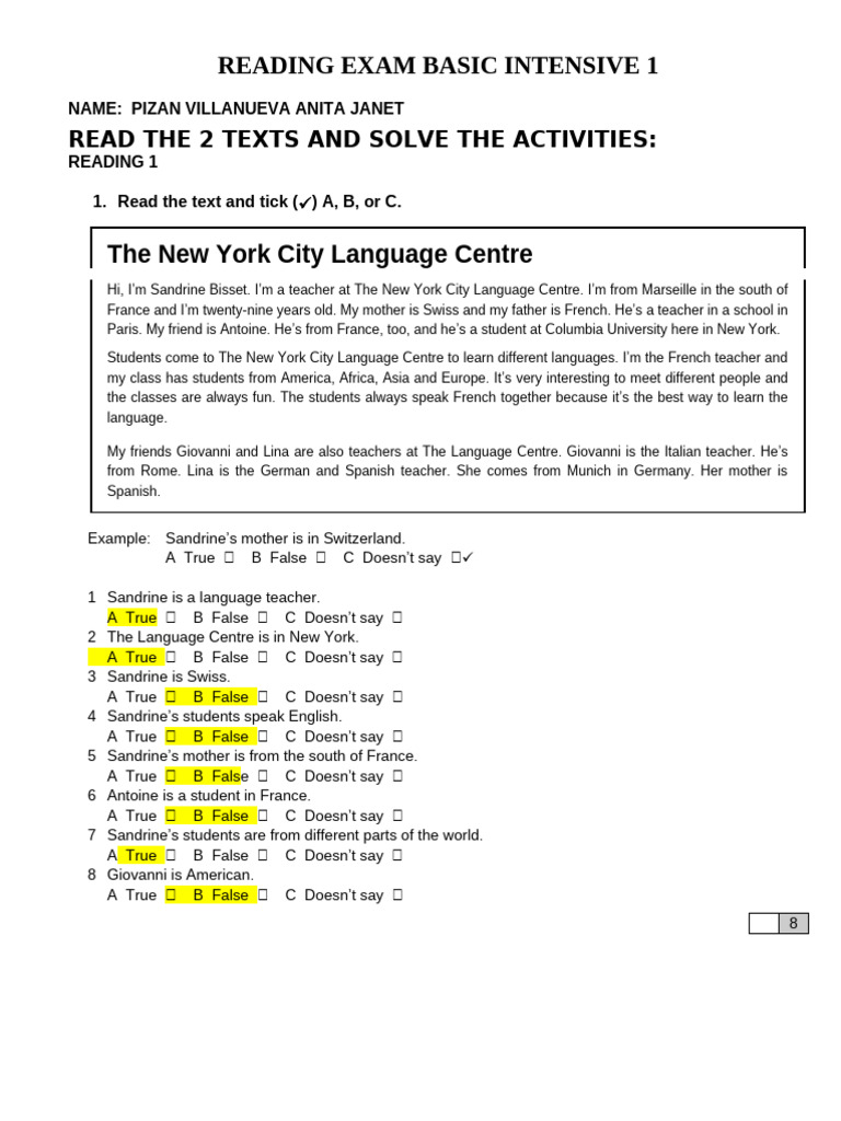 Intensive Reading Exam for Beginners | PDF