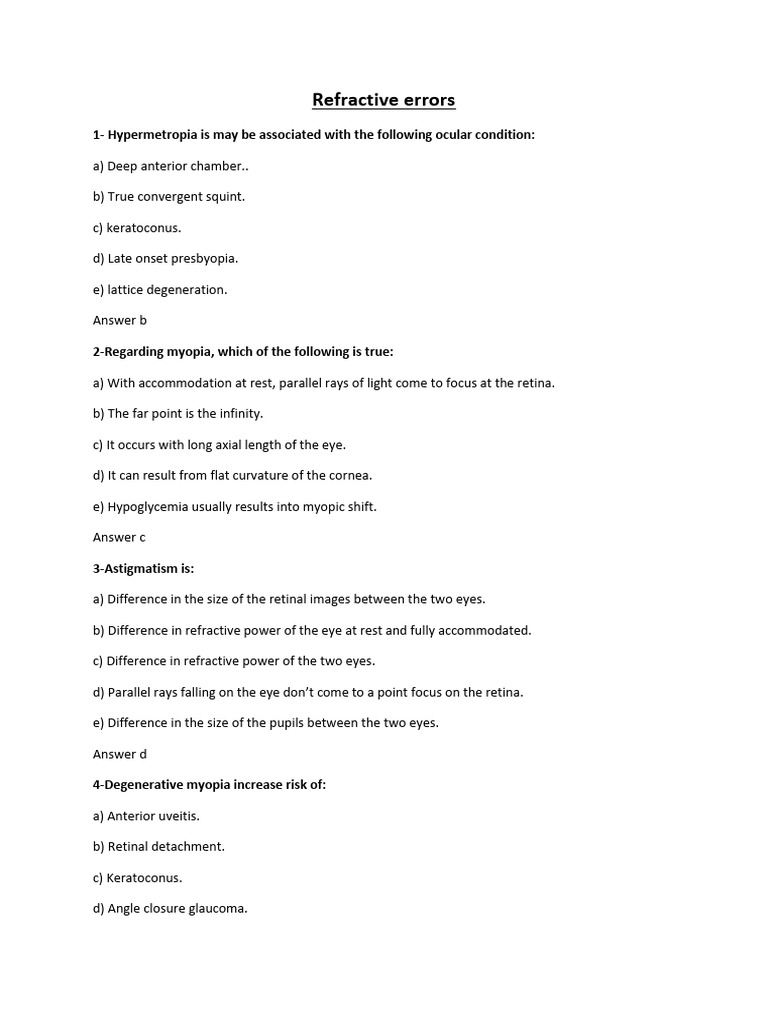 MCQs on Refractive Errors | PDF | Myopia | Human Eye