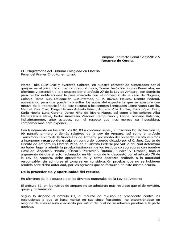 Recurso de Queja en Amparo Penal 1298/2012 | PDF | Caso de ley | Justicia