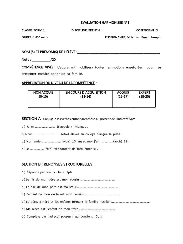 Évaluation de Français Form 1 | PDF