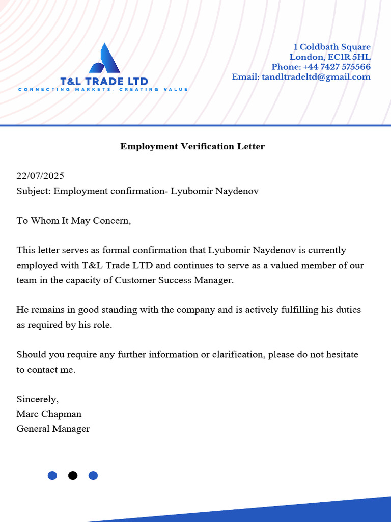 Employment Verification for Lyubomir Naydenov | PDF