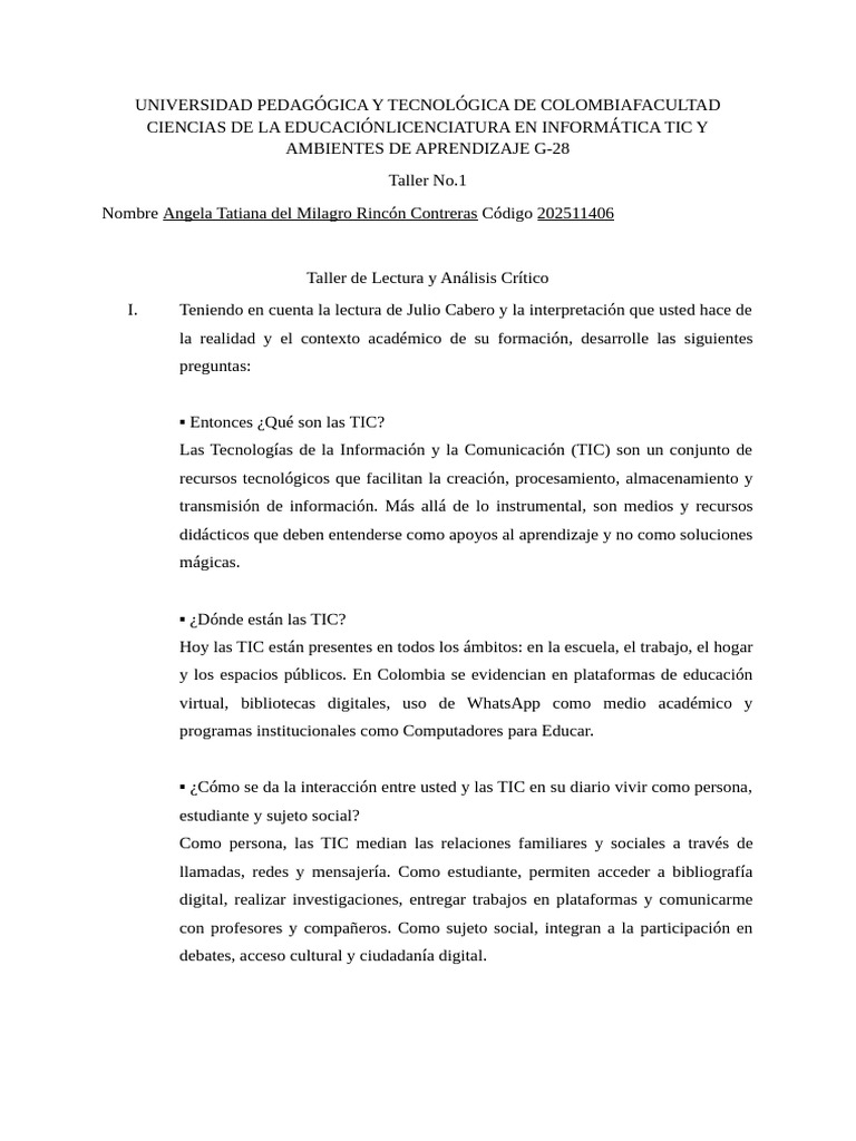 Taller No.1 TICS | PDF | Tecnología de información y comunicaciones ...