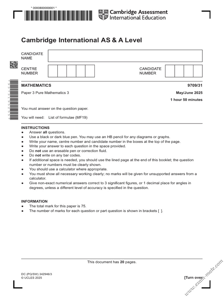 Cambridge International AS & A Level: Mathematics 9709/31 | PDF ...
