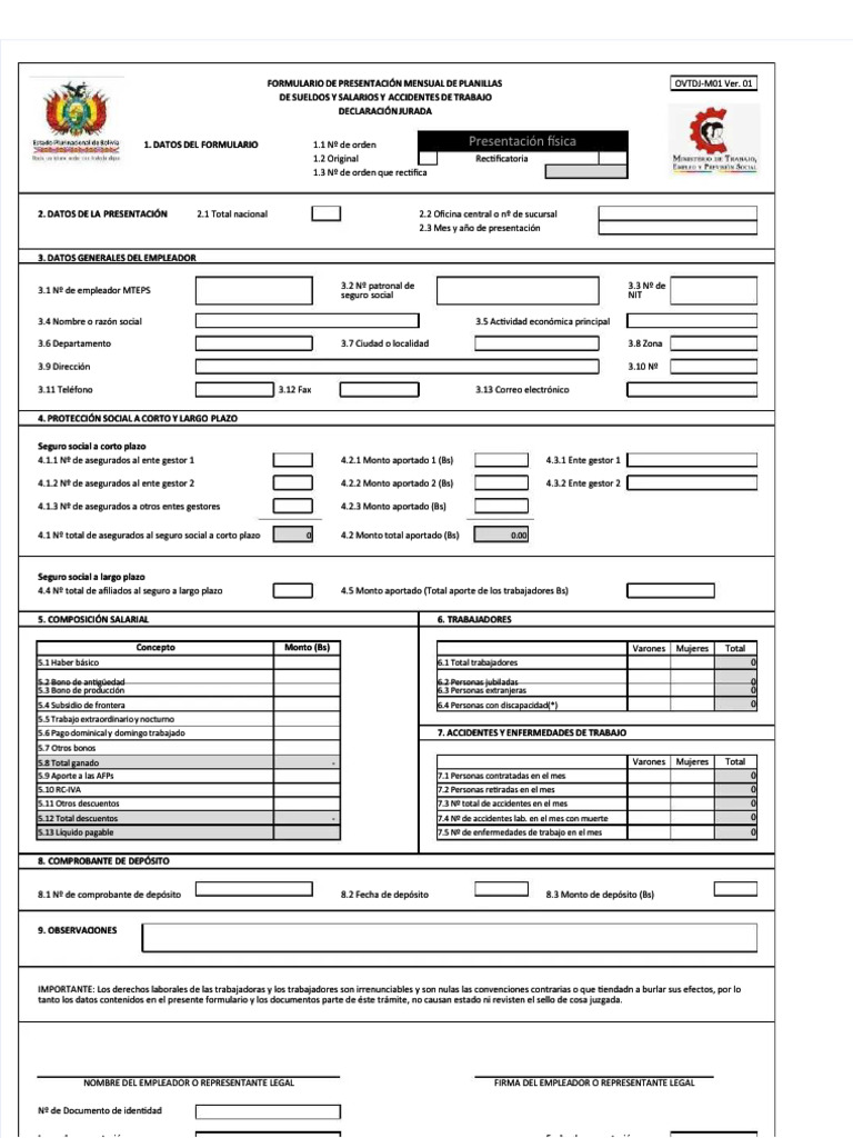 Formulario Mensual de Planillas Laborales | PDF | Lugar de trabajo ...