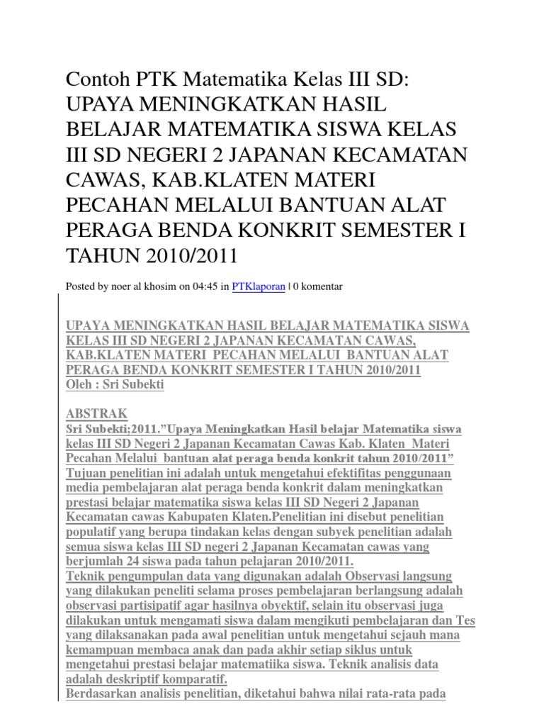 Contoh Ptk Matematika Kelas Iii Sd