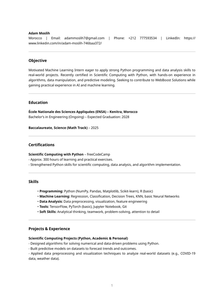 Machine Learning Intern Resume - Adam Moslih | PDF