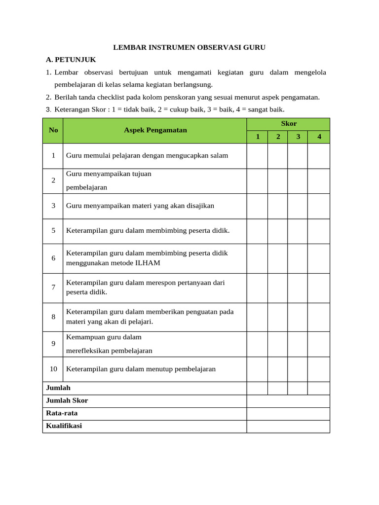 Instrumen Observasi Kinerja Guru | PDF