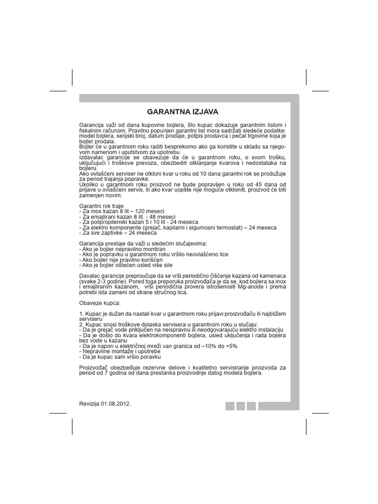 Garantna Izjava Za Malolitrazne Bojlere | PDF