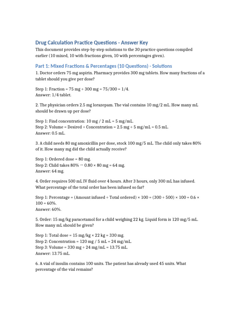 Drug Calculation Answer Key Solutions | PDF | Dose (Biochemistry ...