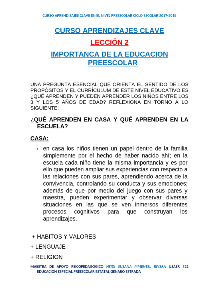 Leccion 2 Curso Aprendizajes Claves | PDF | Educación de la primera ...