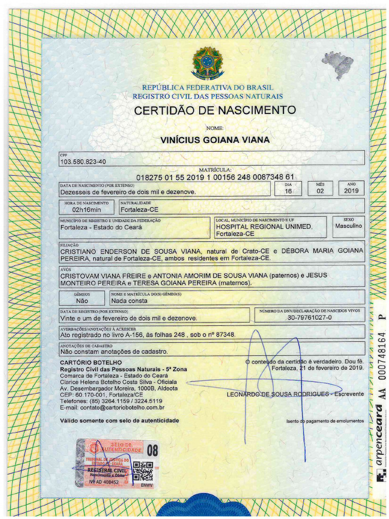 Certidão de Nascimento Vinicius | PDF