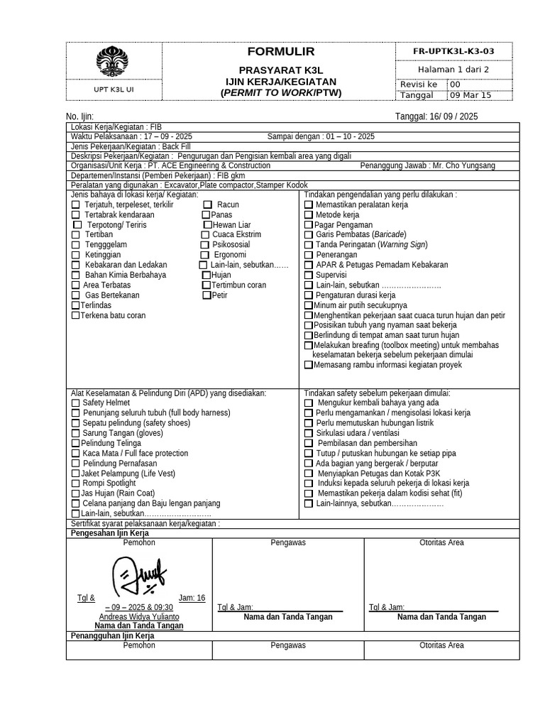 Formulir Permit Back Fill | PDF