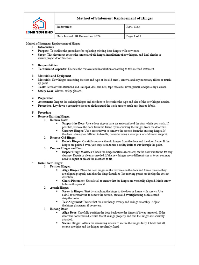 Door Hinge Replacement Method Statement | PDF | Personal Protective ...