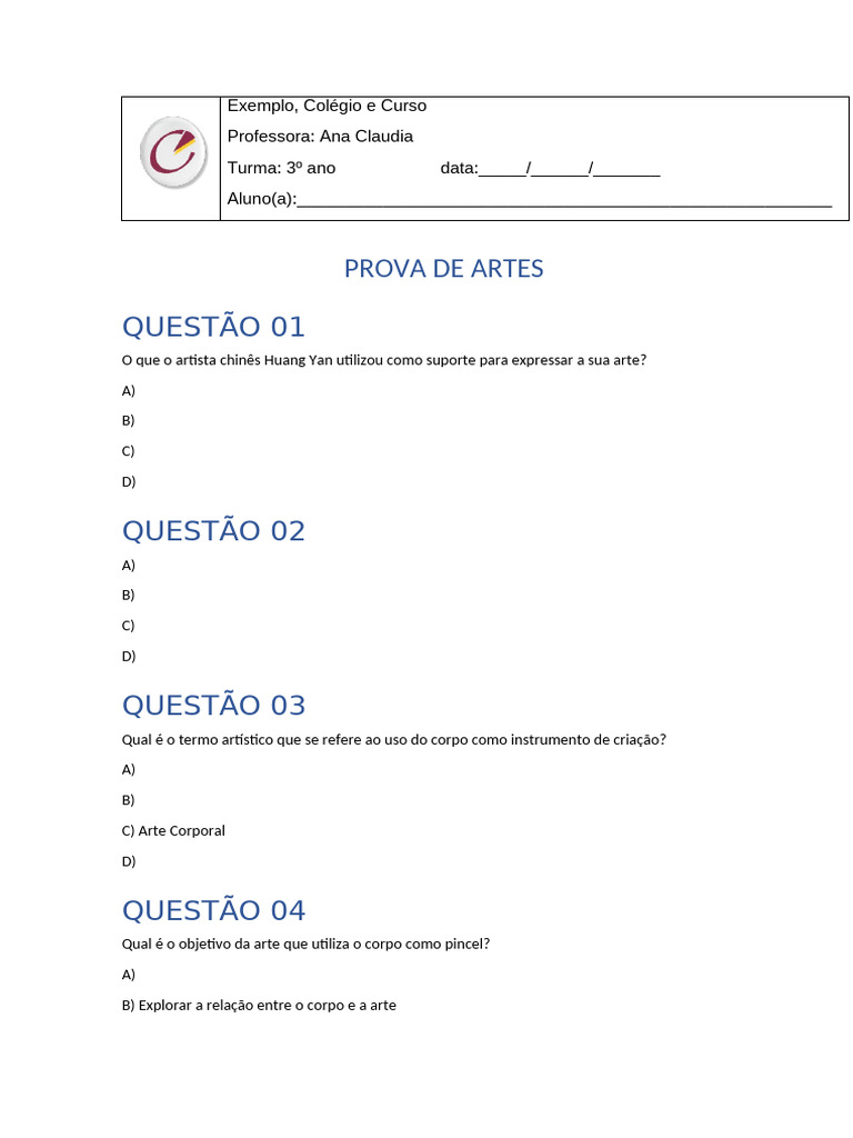 Prova de Artes para 3º Ano | PDF