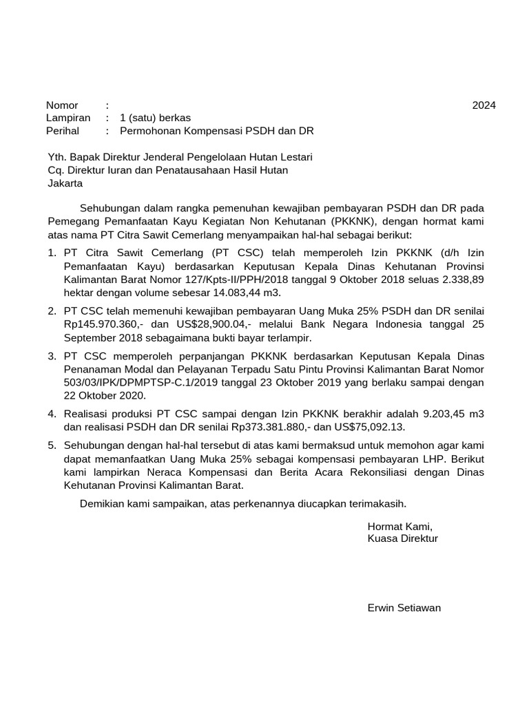 Permohonan Kompensasi PSDH PT CSC | PDF